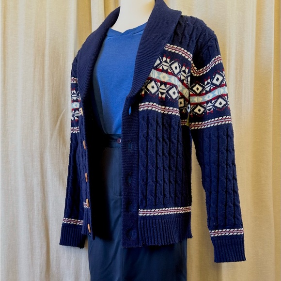 Cable Knit fair isle button up navy blue Cardigan - Picture 2 of 3